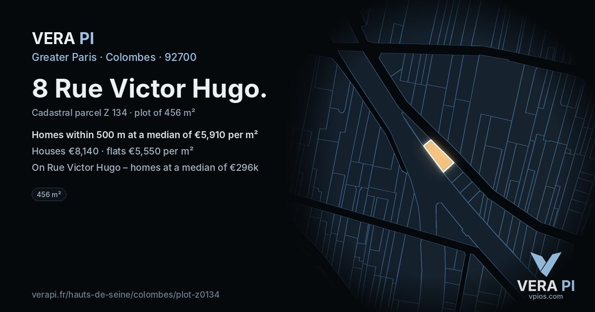 8 Rue Victor Hugo, Colombes at night – the plot lit, the parcels around coloured by the prices near them