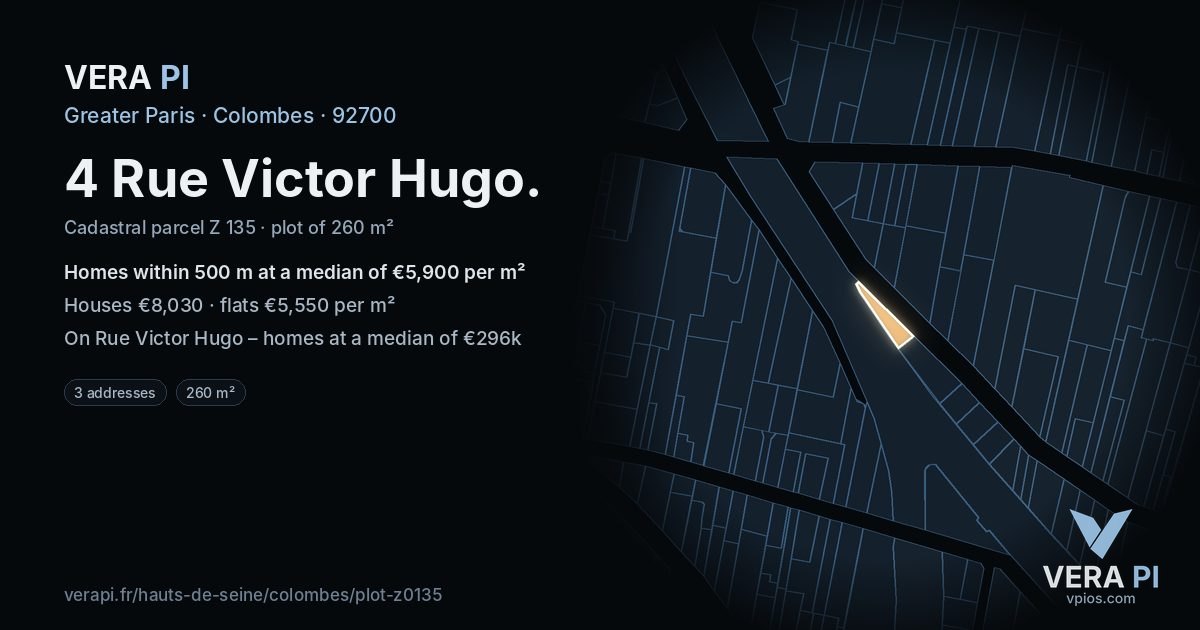 4 Rue Victor Hugo, Colombes at night – the plot lit, the parcels around coloured by the prices near them