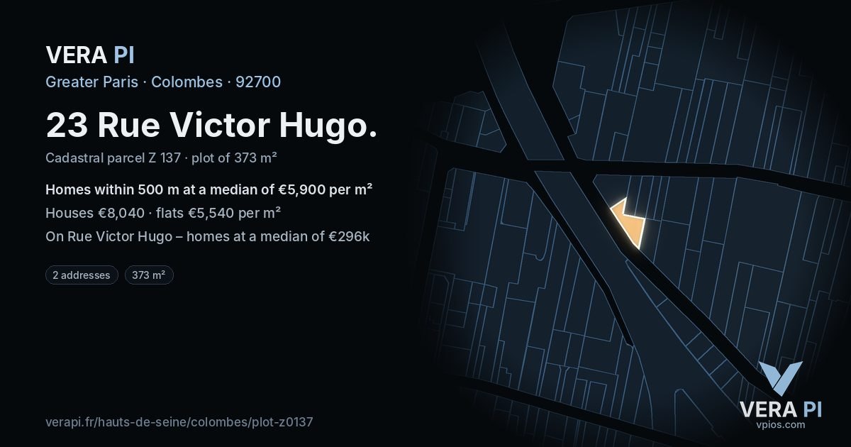 23 Rue Victor Hugo, Colombes at night – the plot lit, the parcels around coloured by the prices near them