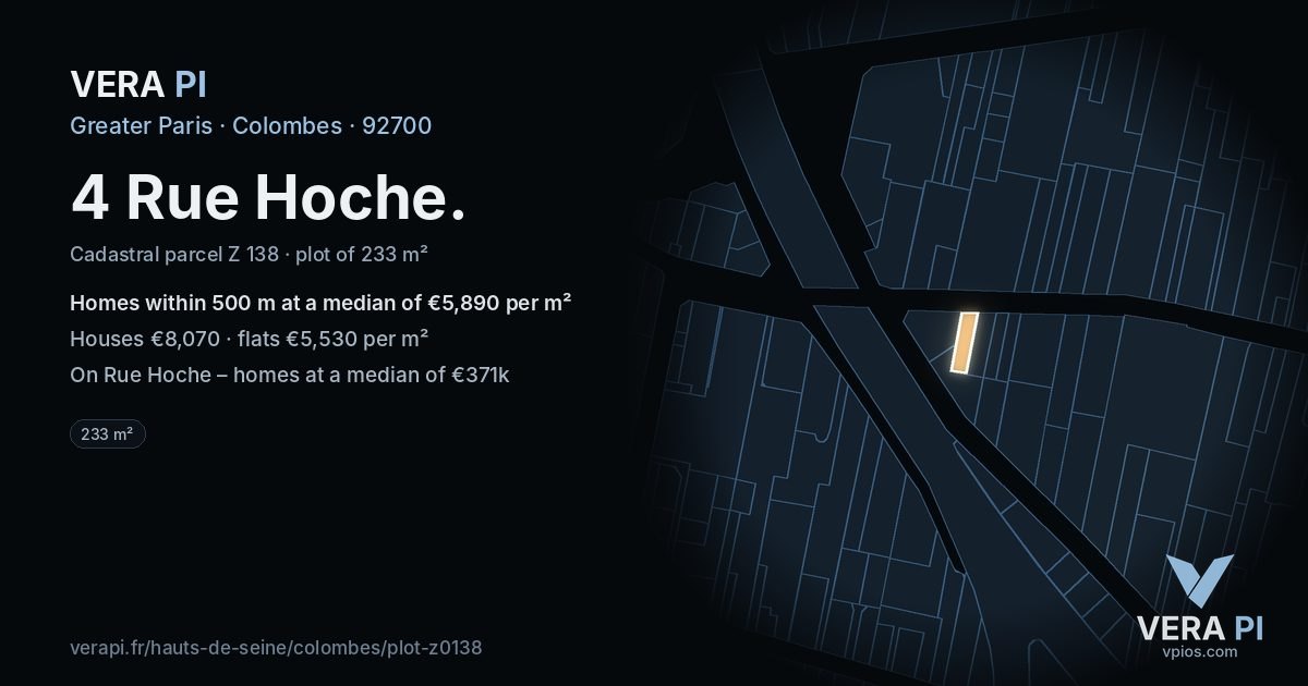4 Rue Hoche, Colombes at night – the plot lit, the parcels around coloured by the prices near them