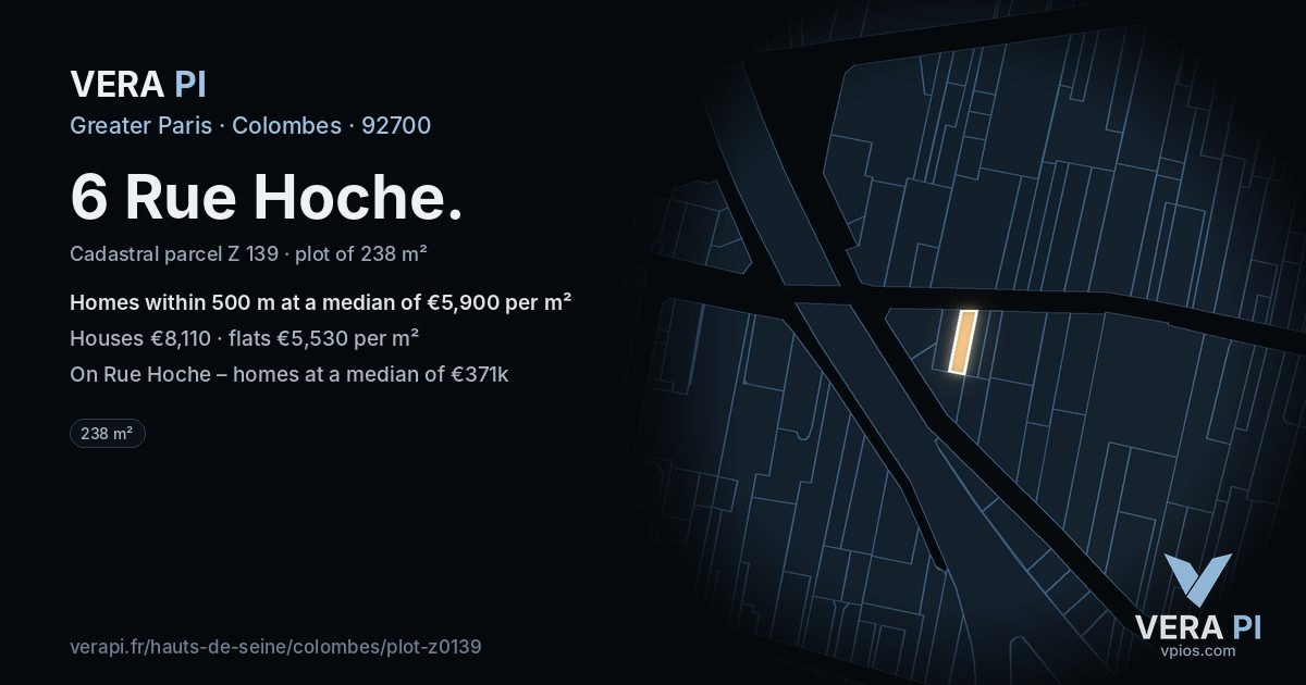 6 Rue Hoche, Colombes at night – the plot lit, the parcels around coloured by the prices near them