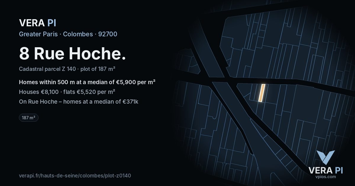 8 Rue Hoche, Colombes at night – the plot lit, the parcels around coloured by the prices near them