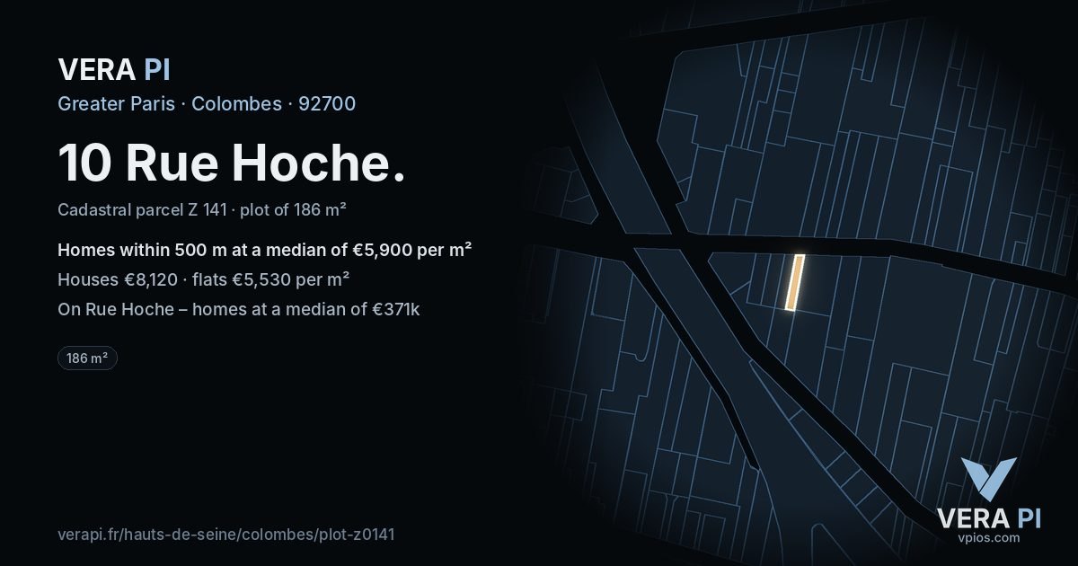 10 Rue Hoche, Colombes at night – the plot lit, the parcels around coloured by the prices near them