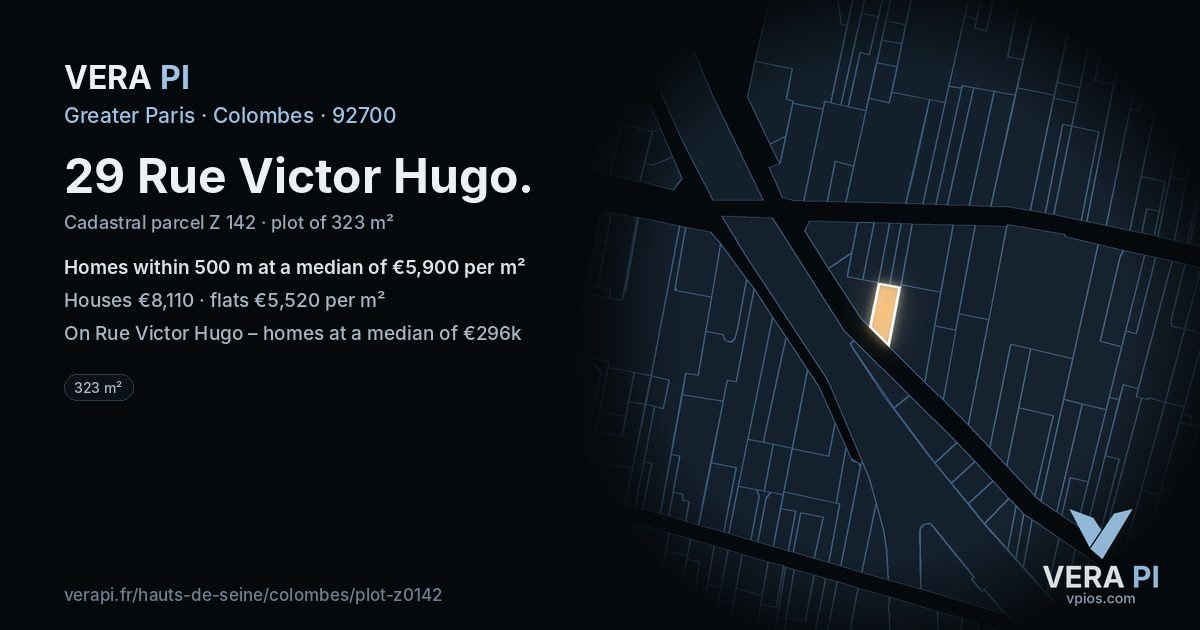 29 Rue Victor Hugo, Colombes at night – the plot lit, the parcels around coloured by the prices near them