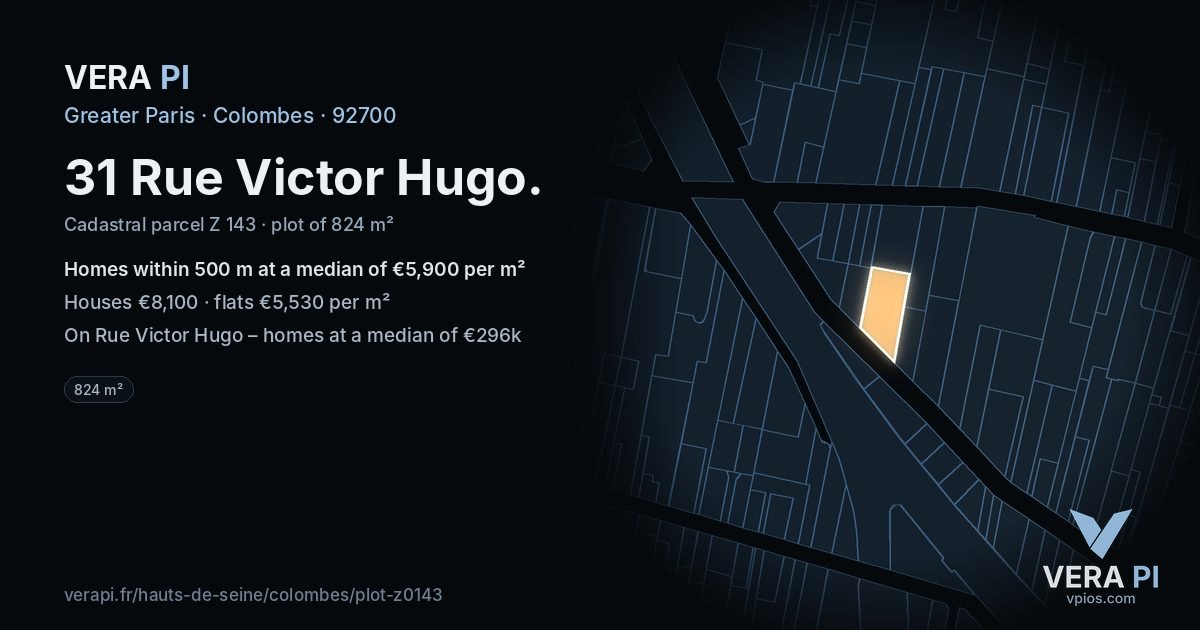 31 Rue Victor Hugo, Colombes at night – the plot lit, the parcels around coloured by the prices near them