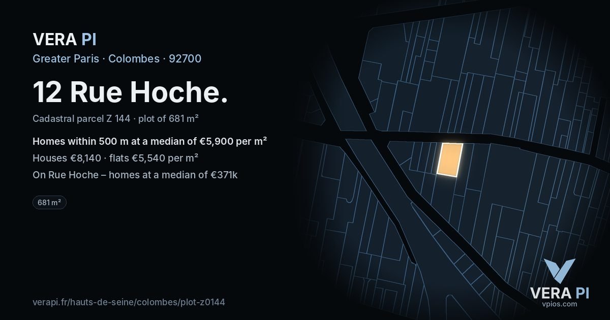 12 Rue Hoche, Colombes at night – the plot lit, the parcels around coloured by the prices near them