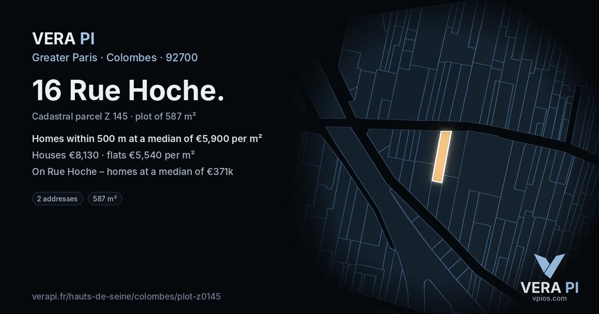 16 Rue Hoche, Colombes at night – the plot lit, the parcels around coloured by the prices near them