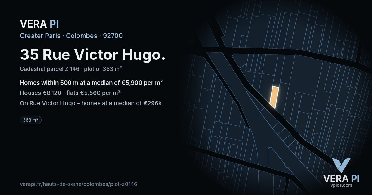 35 Rue Victor Hugo, Colombes at night – the plot lit, the parcels around coloured by the prices near them