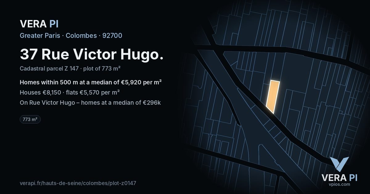 37 Rue Victor Hugo, Colombes at night – the plot lit, the parcels around coloured by the prices near them