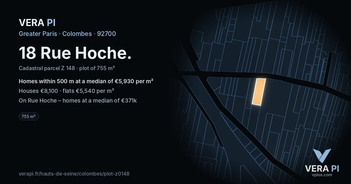 18 Rue Hoche, Colombes at night – the plot lit, the parcels around coloured by the prices near them
