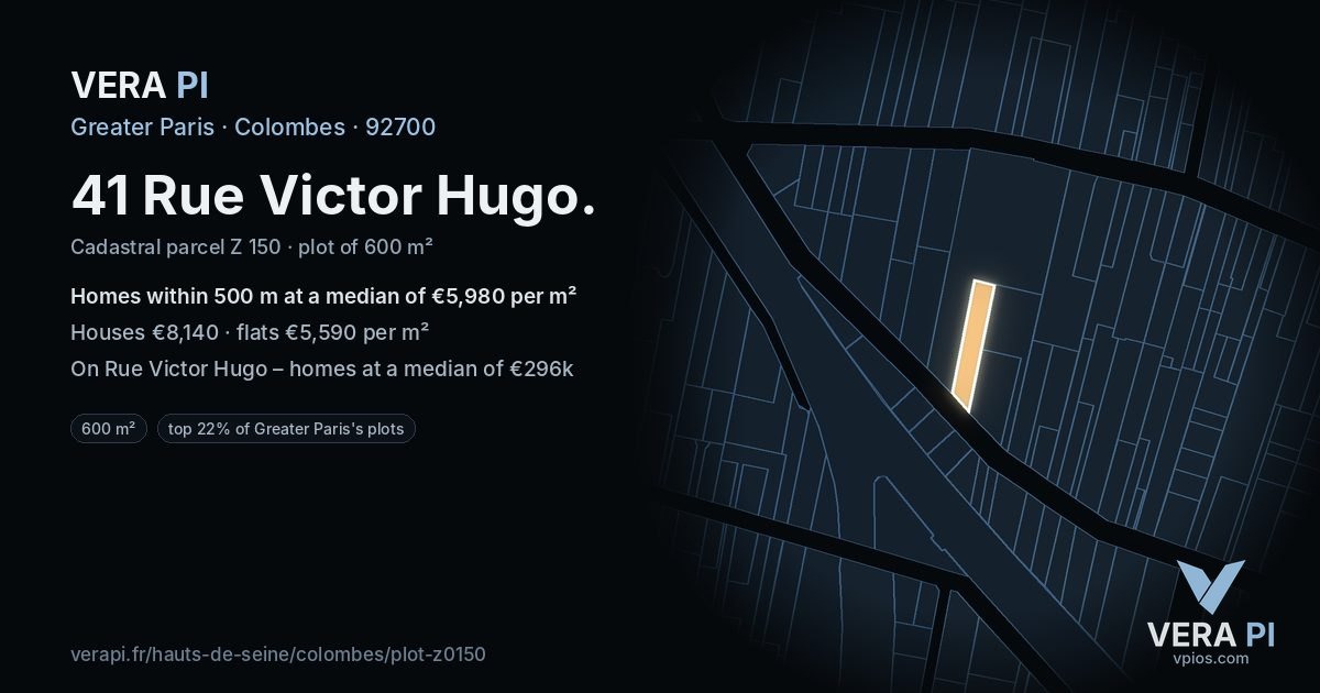 41 Rue Victor Hugo, Colombes at night – the plot lit, the parcels around coloured by the prices near them