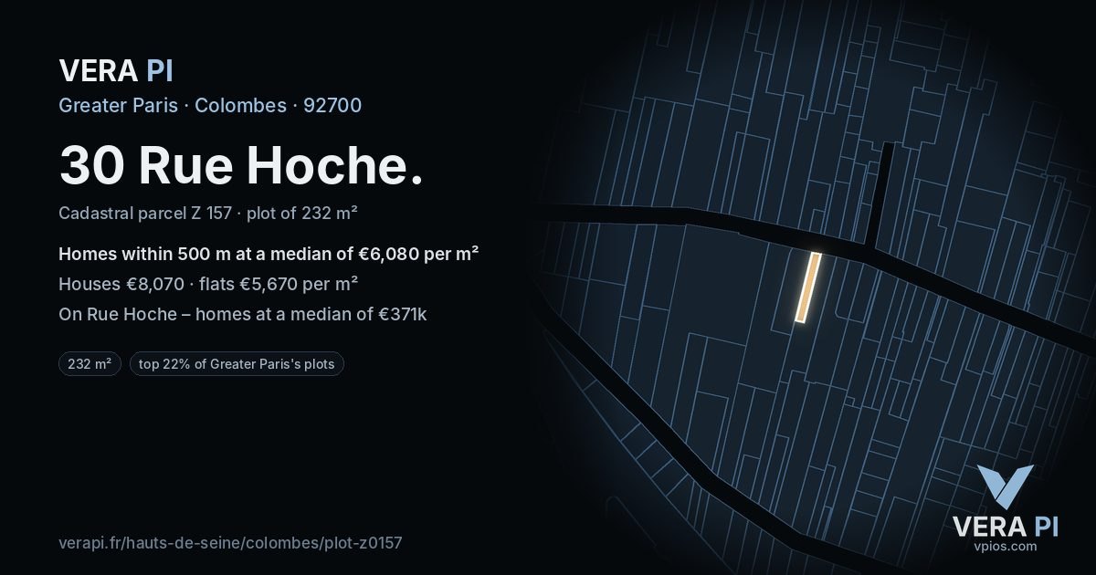30 Rue Hoche, Colombes at night – the plot lit, the parcels around coloured by the prices near them