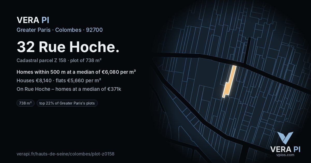 32 Rue Hoche, Colombes at night – the plot lit, the parcels around coloured by the prices near them