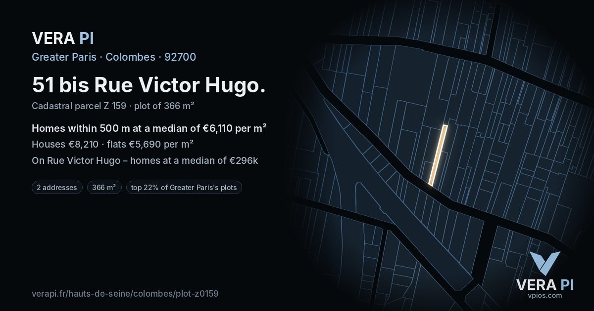 51 bis Rue Victor Hugo, Colombes at night – the plot lit, the parcels around coloured by the prices near them