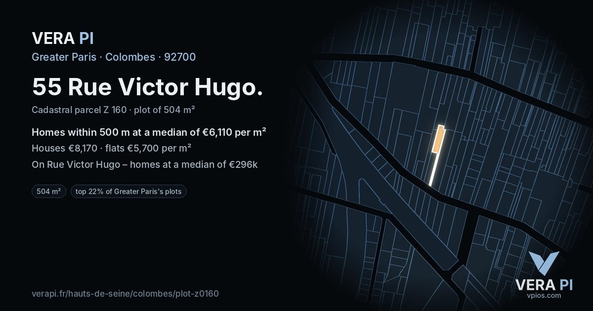 55 Rue Victor Hugo, Colombes at night – the plot lit, the parcels around coloured by the prices near them