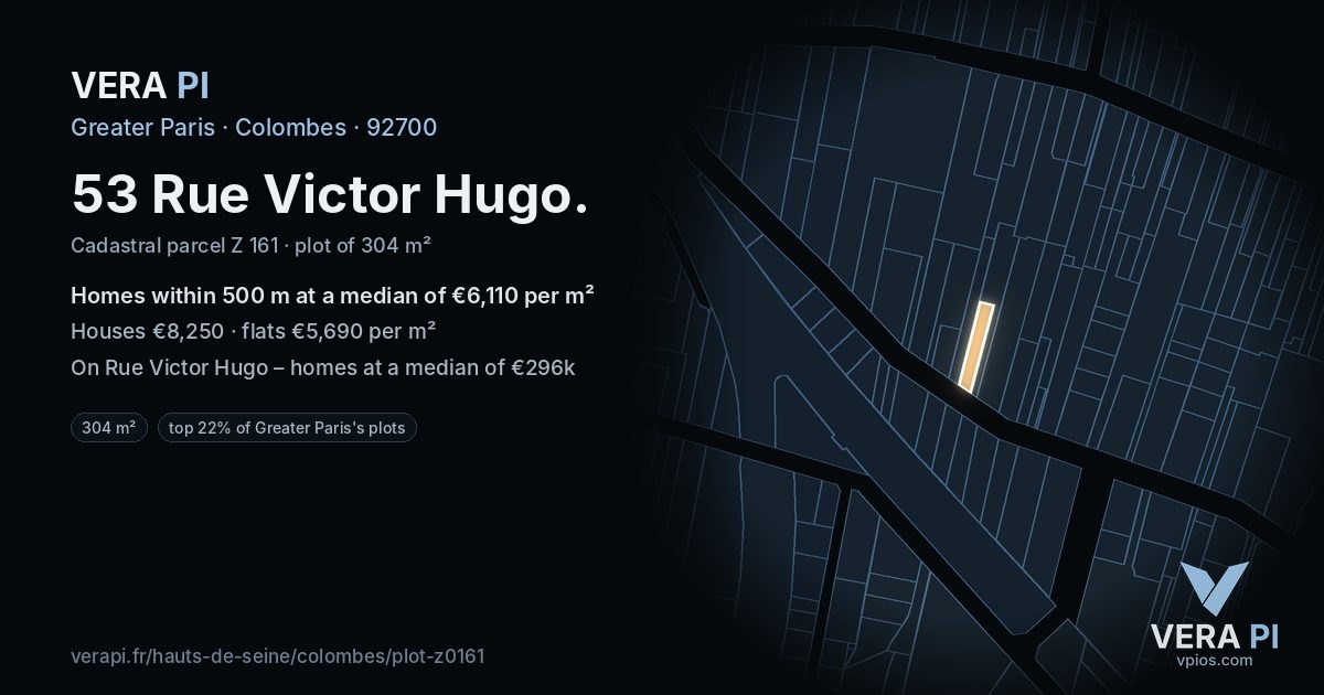 53 Rue Victor Hugo, Colombes at night – the plot lit, the parcels around coloured by the prices near them