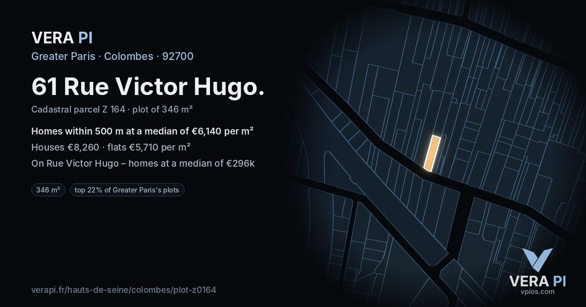 61 Rue Victor Hugo, Colombes at night – the plot lit, the parcels around coloured by the prices near them