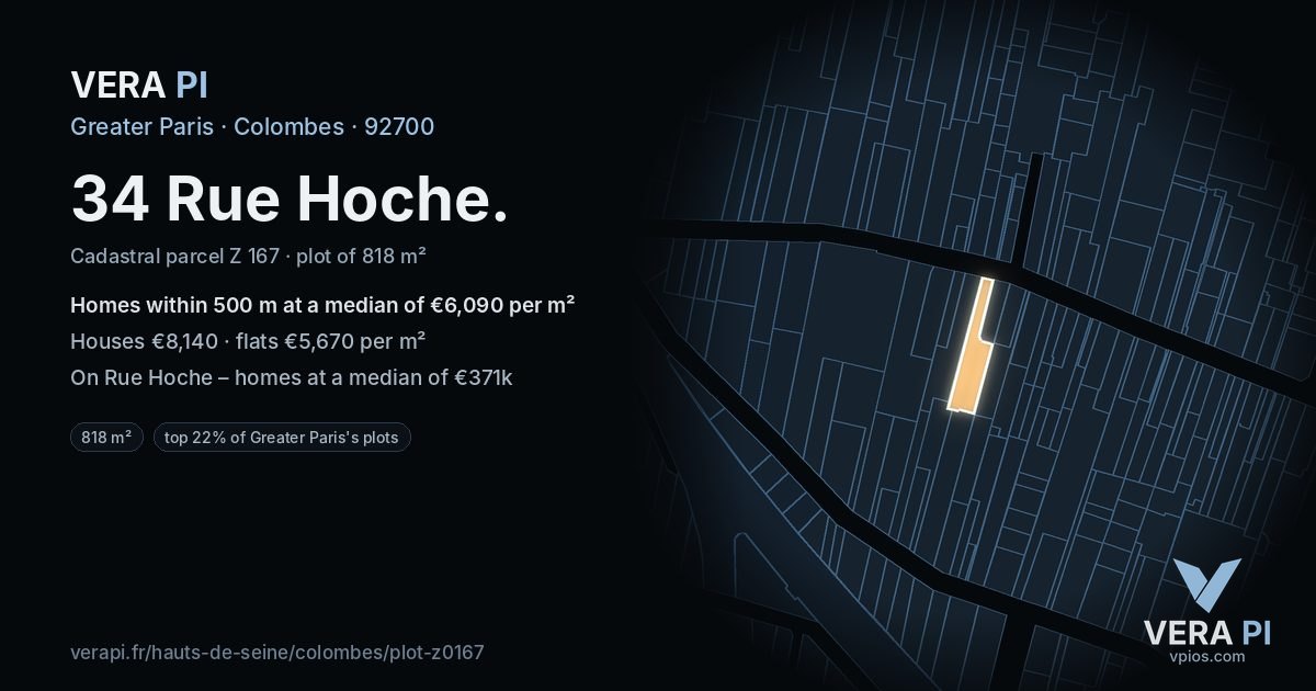 34 Rue Hoche, Colombes at night – the plot lit, the parcels around coloured by the prices near them