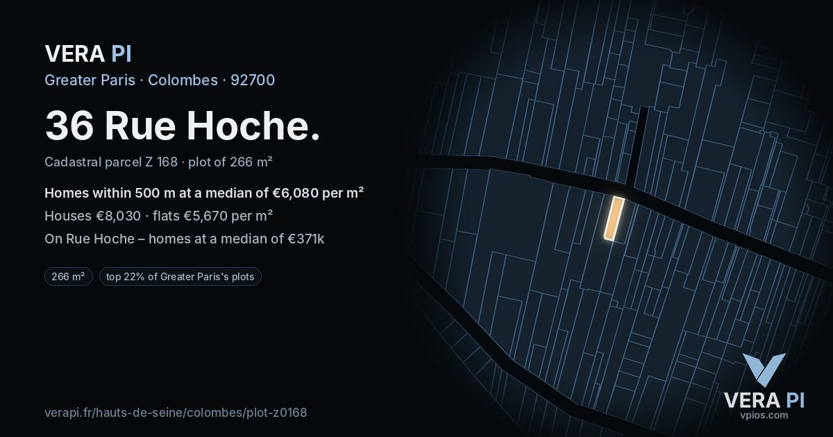 36 Rue Hoche, Colombes at night – the plot lit, the parcels around coloured by the prices near them
