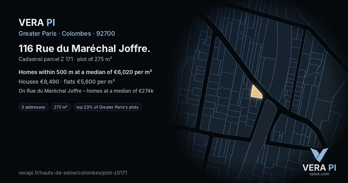 116 Rue du Maréchal Joffre, Colombes at night – the plot lit, the parcels around coloured by the prices near them