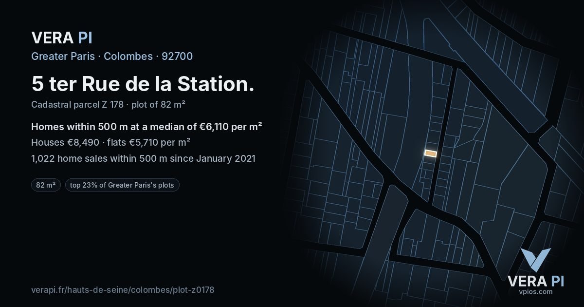 5 ter Rue de la Station, Colombes at night – the plot lit, the parcels around coloured by the prices near them