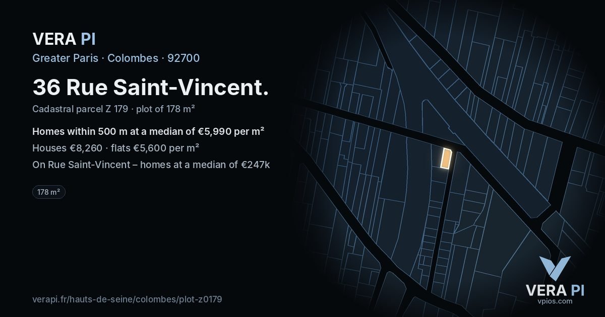 36 Rue Saint-Vincent, Colombes at night – the plot lit, the parcels around coloured by the prices near them