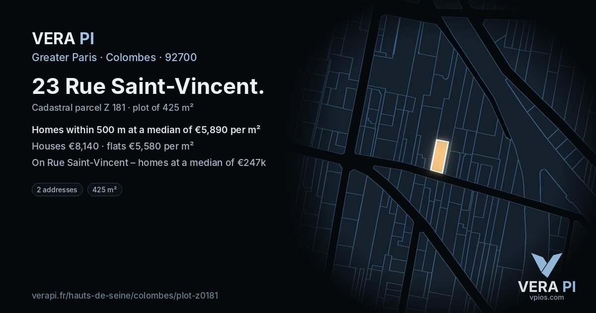 23 Rue Saint-Vincent, Colombes at night – the plot lit, the parcels around coloured by the prices near them