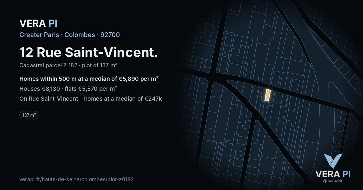 12 Rue Saint-Vincent, Colombes at night – the plot lit, the parcels around coloured by the prices near them
