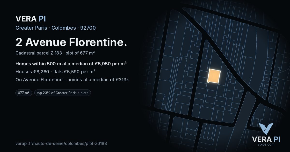 2 Avenue Florentine, Colombes at night – the plot lit, the parcels around coloured by the prices near them