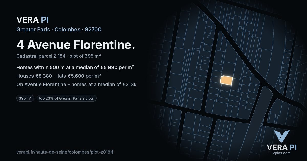 4 Avenue Florentine, Colombes at night – the plot lit, the parcels around coloured by the prices near them