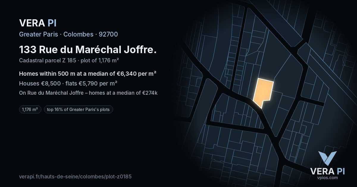 133 Rue du Maréchal Joffre, Colombes at night – the plot lit, the parcels around coloured by the prices near them