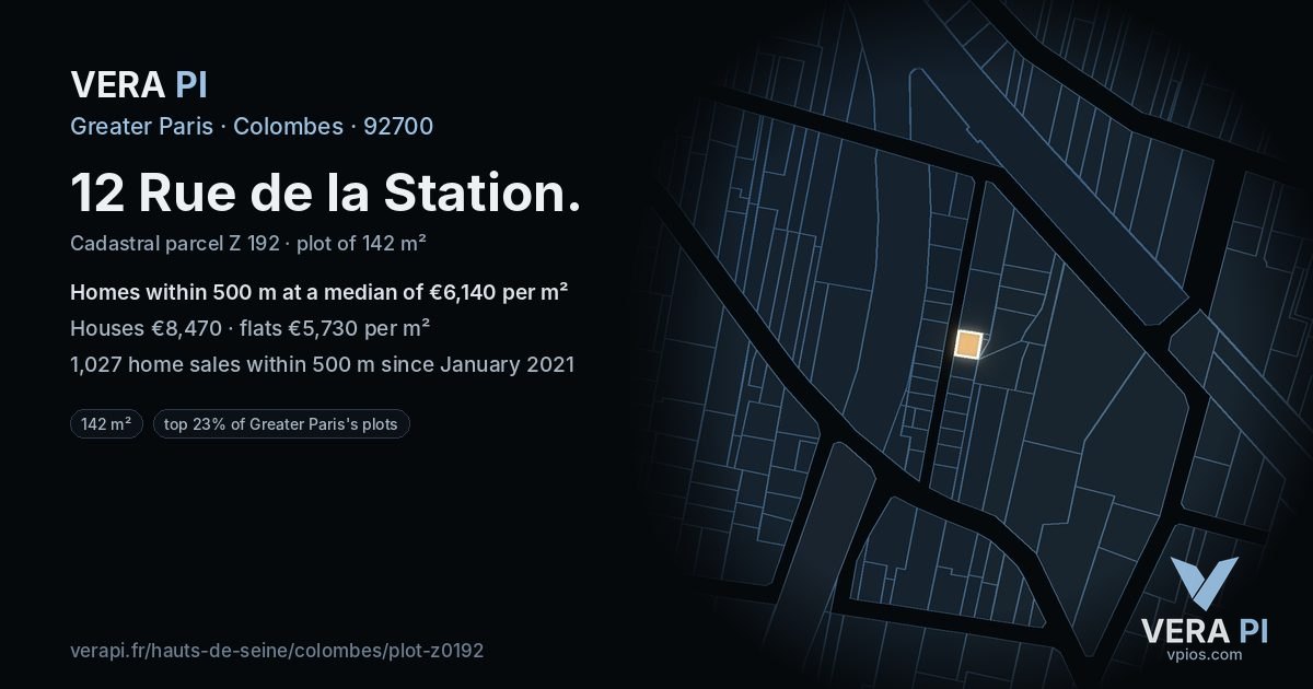 12 Rue de la Station, Colombes at night – the plot lit, the parcels around coloured by the prices near them