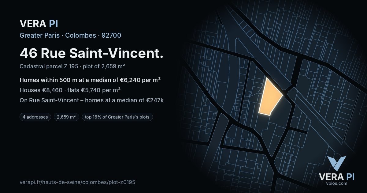 46 Rue Saint-Vincent, Colombes at night – the plot lit, the parcels around coloured by the prices near them