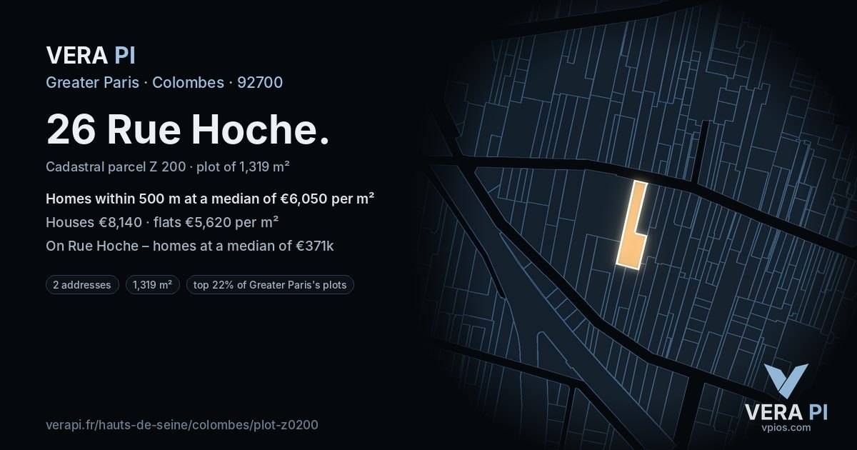 26 Rue Hoche, Colombes at night – the plot lit, the parcels around coloured by the prices near them