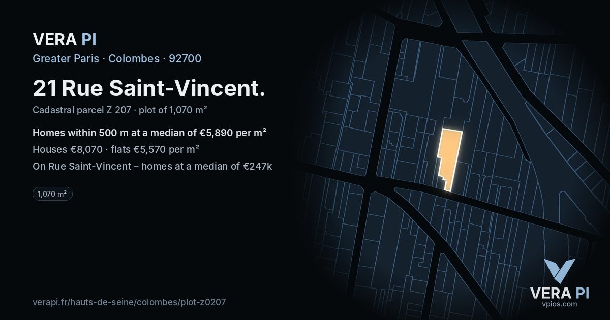 21 Rue Saint-Vincent, Colombes at night – the plot lit, the parcels around coloured by the prices near them