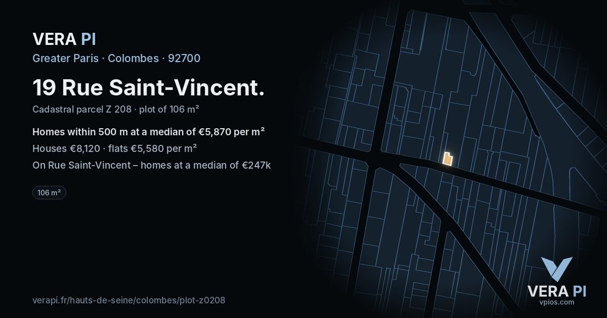 19 Rue Saint-Vincent, Colombes at night – the plot lit, the parcels around coloured by the prices near them