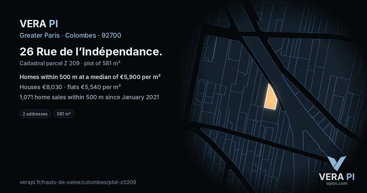 26 Rue de l’Indépendance, Colombes at night – the plot lit, the parcels around coloured by the prices near them