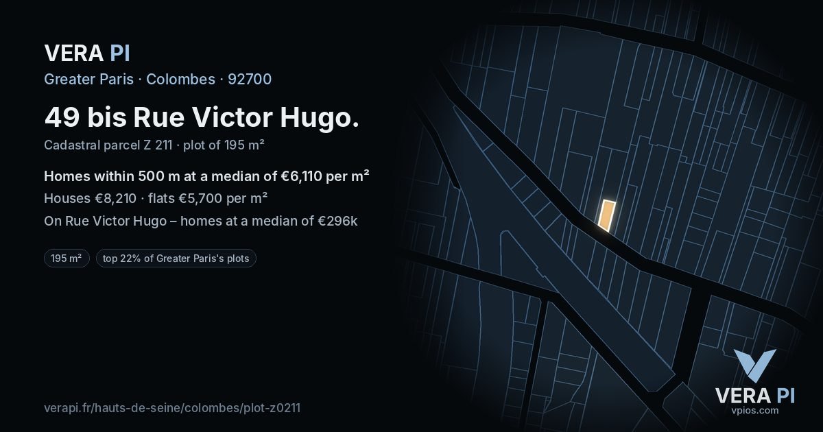 49 bis Rue Victor Hugo, Colombes at night – the plot lit, the parcels around coloured by the prices near them