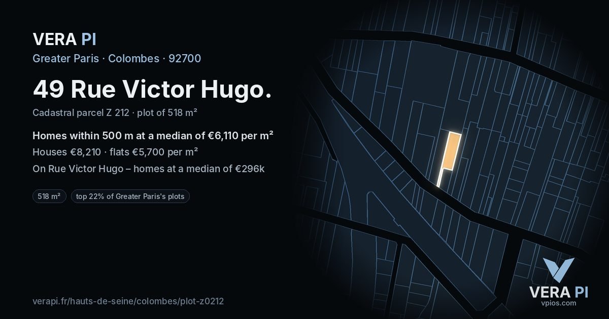 49 Rue Victor Hugo, Colombes at night – the plot lit, the parcels around coloured by the prices near them