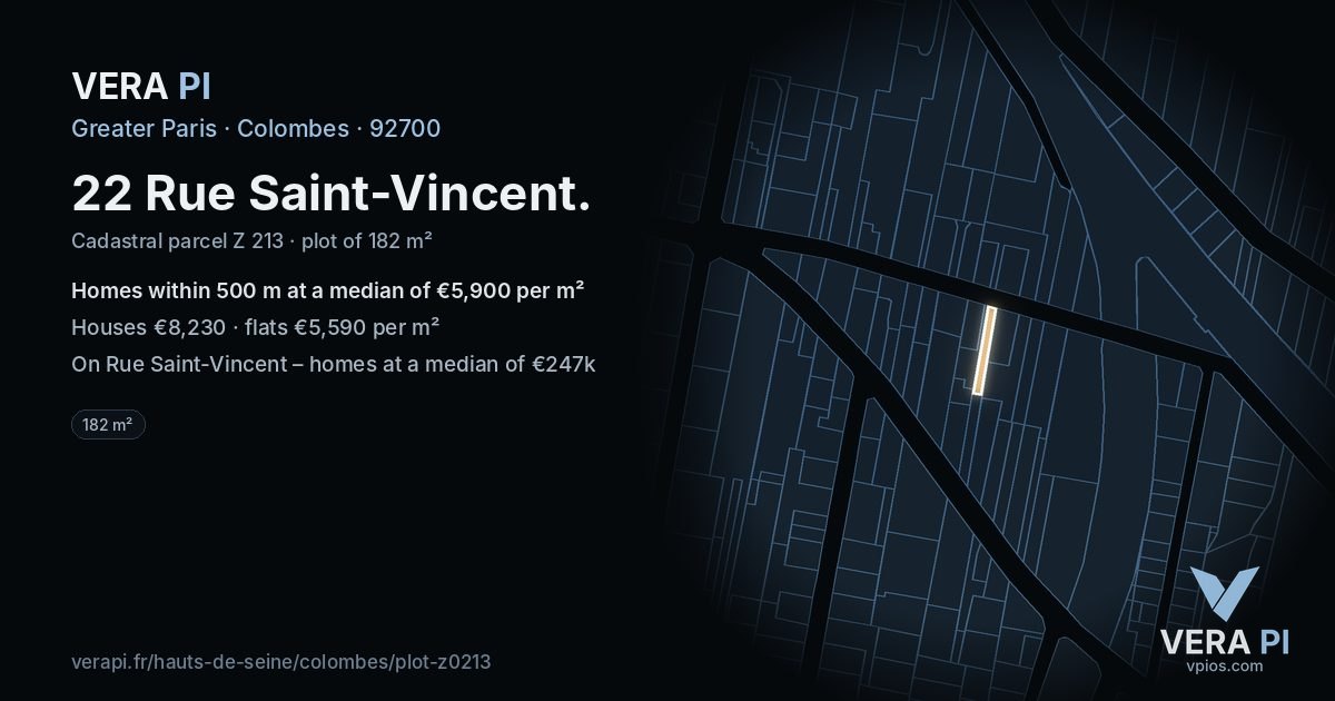 22 Rue Saint-Vincent, Colombes at night – the plot lit, the parcels around coloured by the prices near them