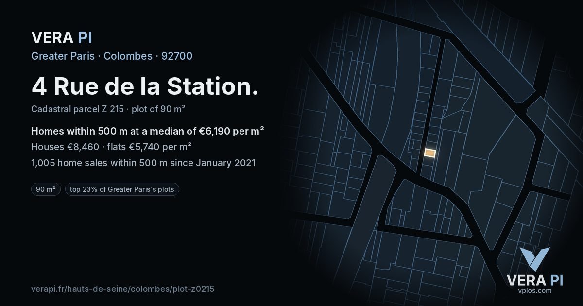 4 Rue de la Station, Colombes at night – the plot lit, the parcels around coloured by the prices near them