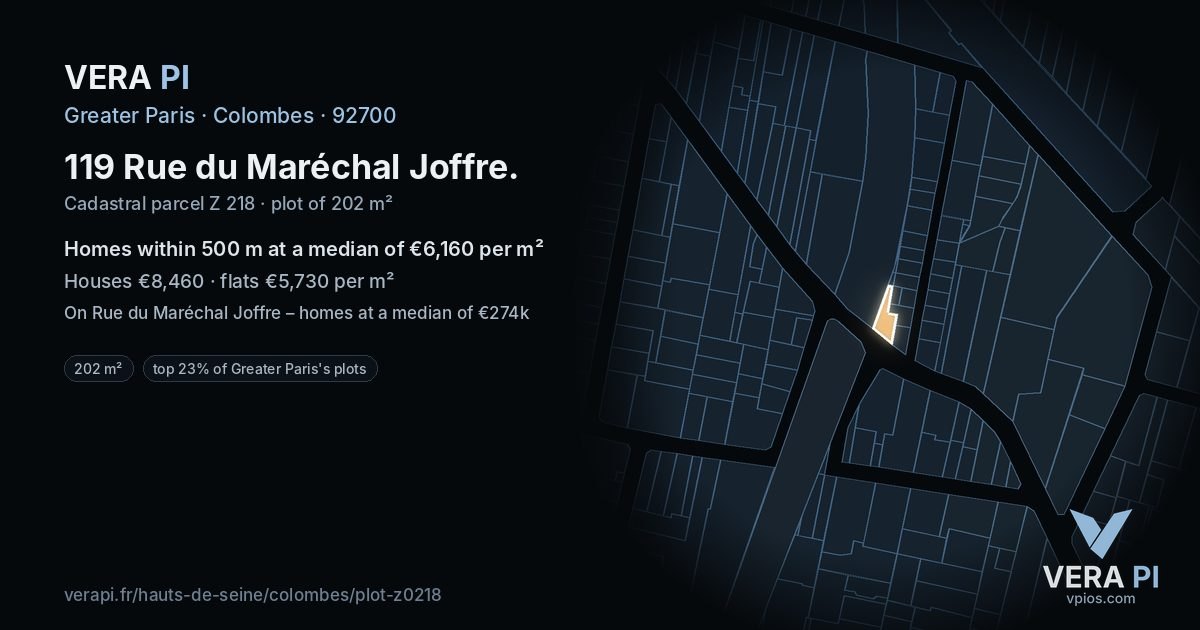 119 Rue du Maréchal Joffre, Colombes at night – the plot lit, the parcels around coloured by the prices near them