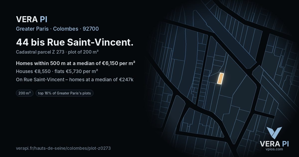 44 bis Rue Saint-Vincent, Colombes at night – the plot lit, the parcels around coloured by the prices near them