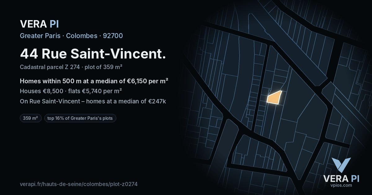 44 Rue Saint-Vincent, Colombes at night – the plot lit, the parcels around coloured by the prices near them