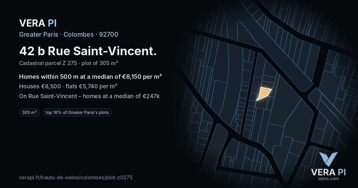 42 b Rue Saint-Vincent, Colombes at night – the plot lit, the parcels around coloured by the prices near them