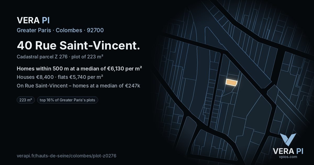 40 Rue Saint-Vincent, Colombes at night – the plot lit, the parcels around coloured by the prices near them