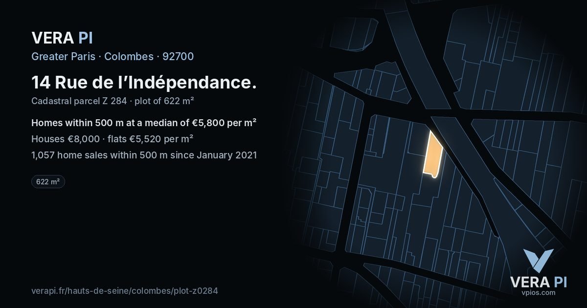 14 Rue de l’Indépendance, Colombes at night – the plot lit, the parcels around coloured by the prices near them
