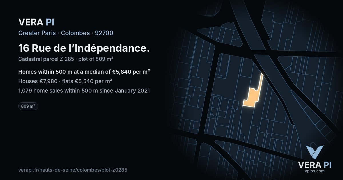 16 Rue de l’Indépendance, Colombes at night – the plot lit, the parcels around coloured by the prices near them