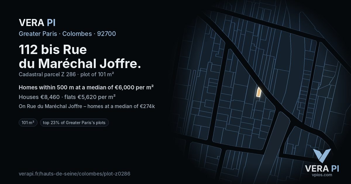 112 bis Rue du Maréchal Joffre, Colombes at night – the plot lit, the parcels around coloured by the prices near them