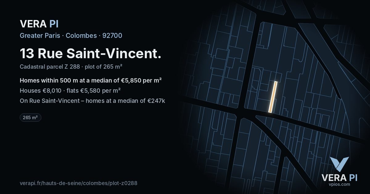 13 Rue Saint-Vincent, Colombes at night – the plot lit, the parcels around coloured by the prices near them